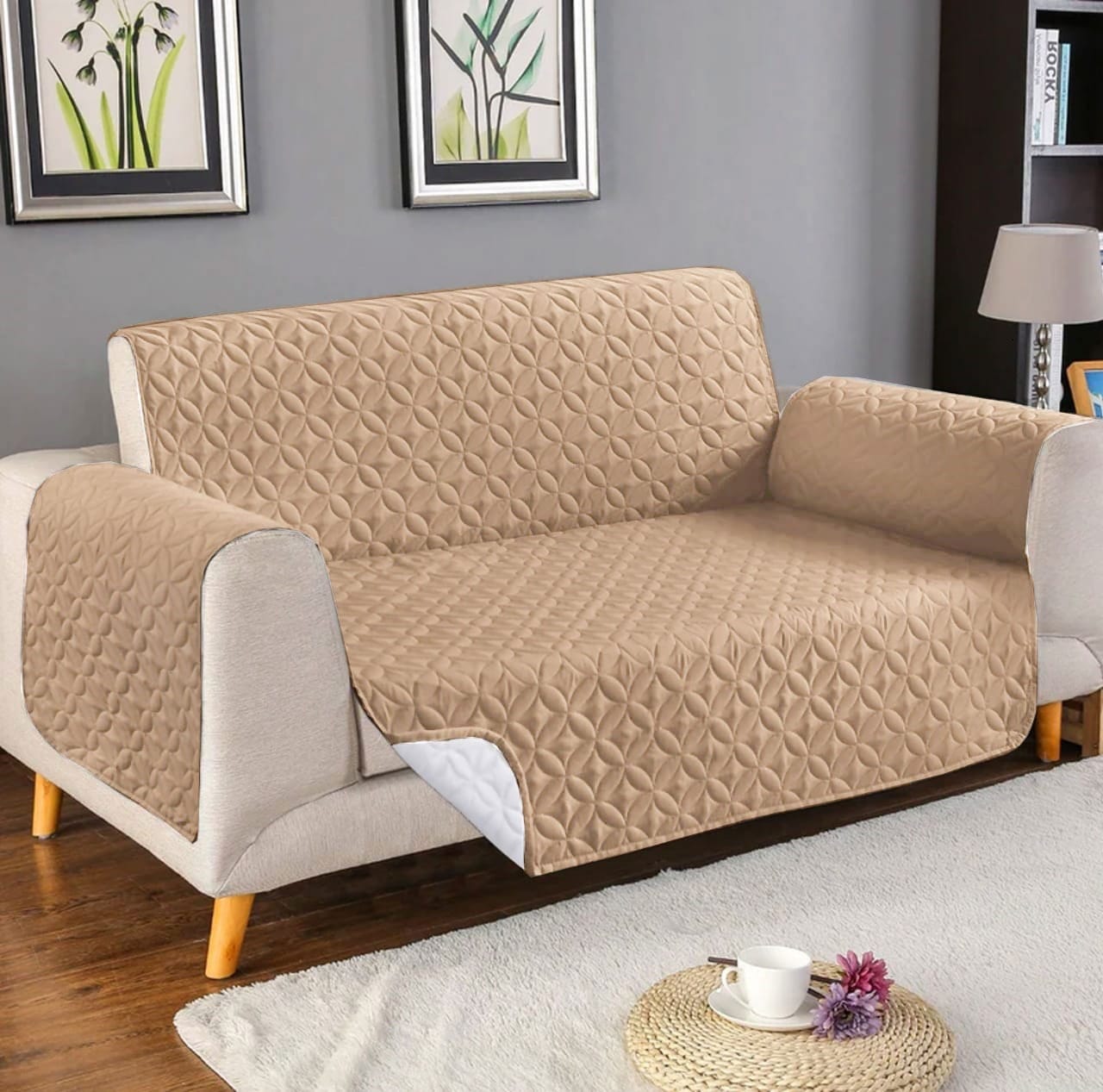 Ultrasonic Quilted Sofa Cover-Sofa Runner (Beige Skin Yellow)