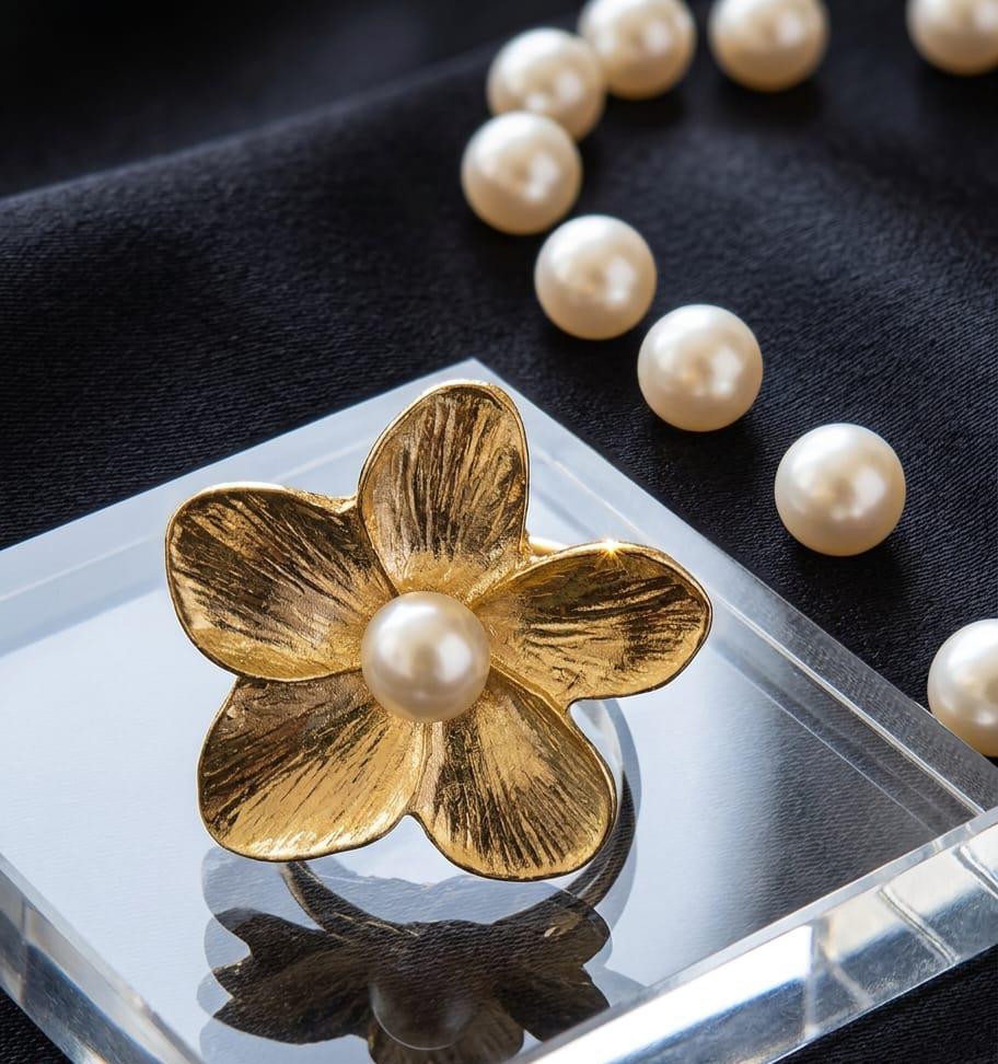 Vintage Textured Flora Pearl Ring