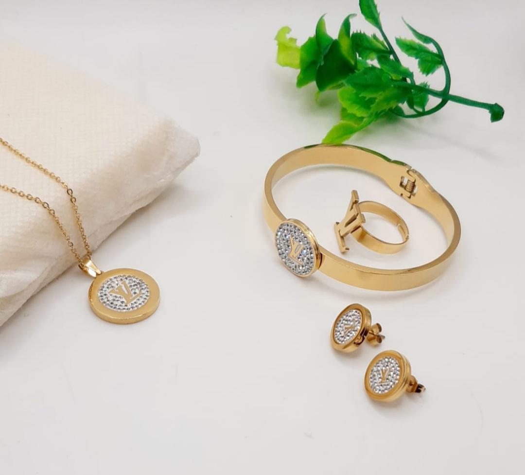 Luxury Gold LV-Inspired Crystal Medallion Jewelry Set (4-Piece)